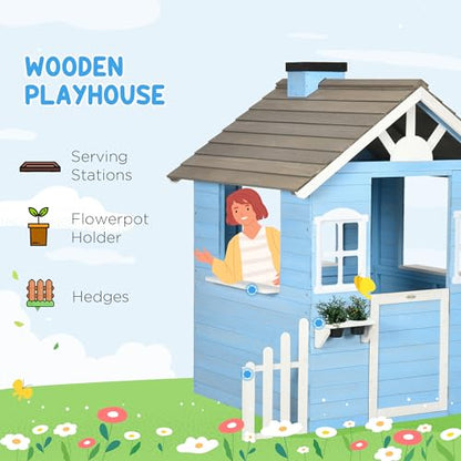 Outsunny Playhouse for Kids Outdoor, Country Style Wooden Playhouse with Flower Pot Holders, Working Door, Windows, Service Stations for 3-7 Years,