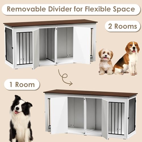 Zamildon's 71 in Dog Crate Furniture for 1 or 2 Dogs, Large Double Dog Kennel Furniture TV Stand, Furniture Style Dog Crates End Table with Removable Divider, Dog Kennel Indoor Zamildon's