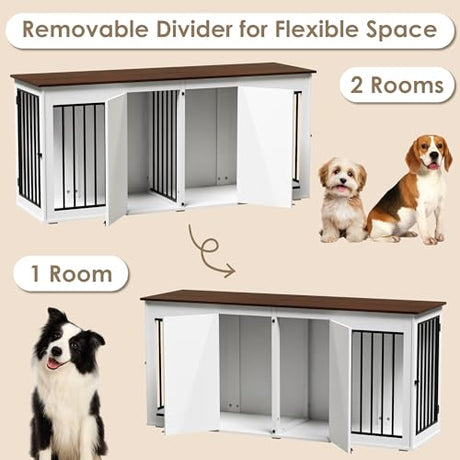 Zamildon's 71 in Dog Crate Furniture for 1 or 2 Dogs, Large Double Dog Kennel Furniture TV Stand, Furniture Style Dog Crates End Table with Removable Divider, Dog Kennel Indoor Zamildon's