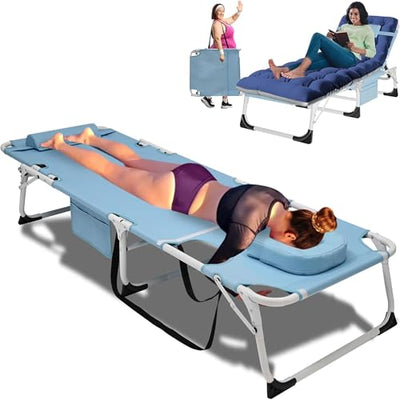 ABORON 4-in-1 Lounge Chair with Face & Arm Holes for Tanning, 440LB Heavy-Duty Folding Recliner with Plush Cotton Cushion, No Assembly Tri-Fold Guest Bed for Sunbathing, Poolside, Office Nap & Camping
