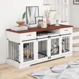 Livofloral 71”Double Dog Crate Furniture for 2 Dogs, Heavy Duty Dogs Kennel Furniture with Removable Divider & Drawers, End Table Dog Crate with Sliding Barn Doors, Extra Large TV Stand, White Brown Livofloral