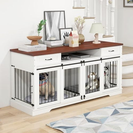 Livofloral 71”Double Dog Crate Furniture for 2 Dogs, Heavy Duty Dogs Kennel Furniture with Removable Divider & Drawers, End Table Dog Crate with Sliding Barn Doors, Extra Large TV Stand, White Brown Livofloral
