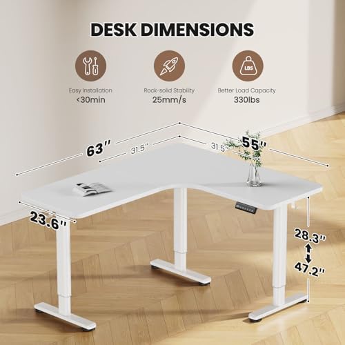 Flycity Electric L Shaped Standing Desk Adjustable Height, 63" x 55" Corner Stand Up Desk, Home Office Desk, Dual Motor Sit Stand Desk, Computer Desk with 3 Memory Preset & Lock, White Flycity