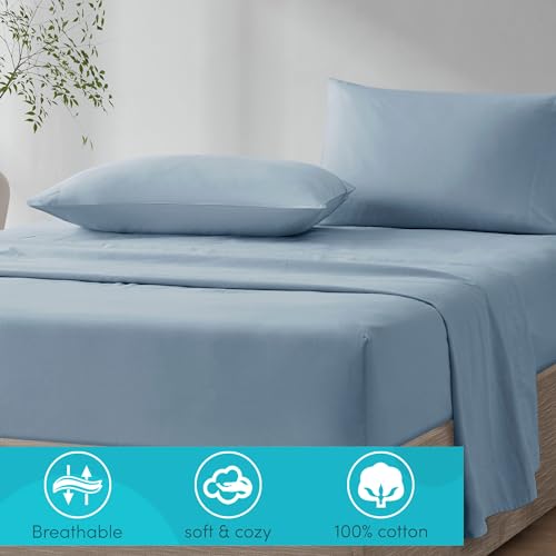 Comfort Spaces 100% Cotton Sheet Set Breathable, Lightweight, Soft with 12" Elastic Pocket Fits up to 14" Mattress, All Season Cozy Bedding, Matching Pillow Case, Twin Blue 3 Piece Comfort Spaces