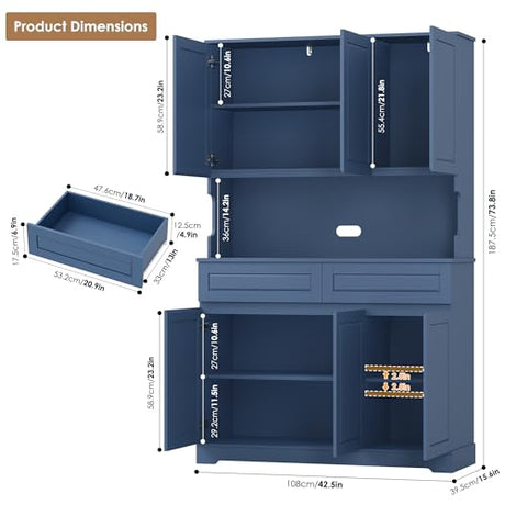 FACBOTALL 74" Pantry Cabinet, Tall Kitchen Pantry Cabinet with 6 Doors and 2 Drawers, Kitchen Hutch with Wide Countertop, Modern Kitchens Cupboard with Adjustable Shelves and Charge Holes, Blue FACBOTALL