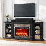 80" Fireplace TV Stand, Electric Fireplace with Mantel for TVs Up to 90 Inch, Modern Entertainment Center with Storage, Realistic Stacked Stone Surround with 30'' Fireplace for Living Room, Black HolliWill