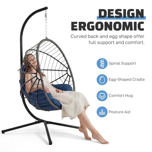 DoubleTT Hanging Egg Chair with Stand - 350lbs Capacity Outdoor Patio & Indoor Living Room Furniture, Waterproof PE Rattan Wicker Swing Seat with Cushion, Foldable Seat for Garden, Balcony, Backyard