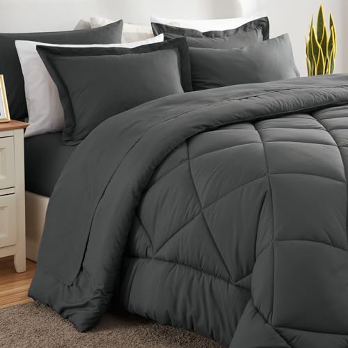 CozyLux Queen Comforter Set Dark Grey - Bed in a Bag Queen Size 7 Pieces, Luxury Soft Bed Set for All Seasons, Bedding Set with Comforter, Sheets, Pillowcases & Shams, Dark Gray, Queen CozyLux