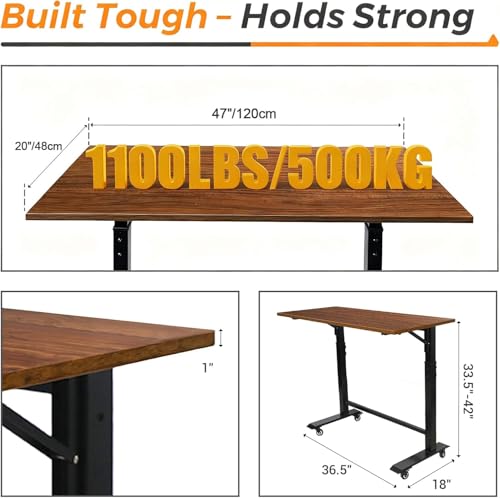 POWSTR 47" Foldable Wood Workbench,Adjustable Height Work Bench(32-42'') with Wheels and Feet Mat，Suitable for Workshop,Office,Garage,Home,Commercial POWSTR