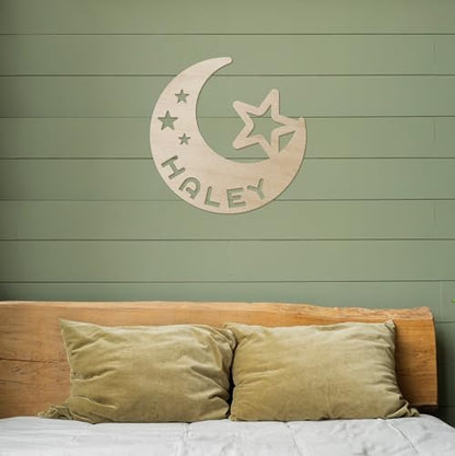 Moon And Stars Name Wood Sign, Nursery Decor, Personalized Wood Sign, Wooden Name, Personalized Name Sign, Wooden Name Sign, Kids Name Sign - WoodArtSupply