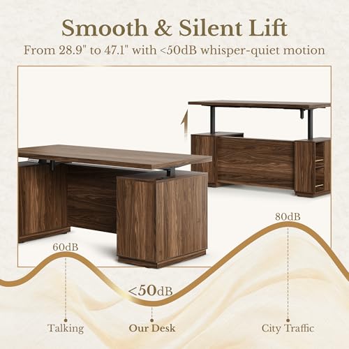 Perledesign 70" Standing Desk with Storage, Executive Electric Height Adjustable Stand Up Desk with AC/USB, Privacy Panel, Large One-Piece Destop, Fluted Computer Desk, Black Walnut Perledesign