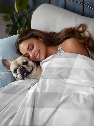 Cal King Size Flat Bed Sheet,Grey White Plaid Microfiber Brushed Single Flat Sheet Only,Modern Geometric Minimalist Grid Soft & Breathable Top Sheet Lightweight Quilt Hotel Luxury Bedding for Women ZOE GARDEN