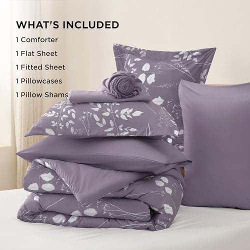 Bedsure Grayish Purple Twin Comforter Set - 5 Pieces Floral Bedding Sets Twin Bed in a Bag with Reversible Botanical Flowers Comforter, Sheets, Pillowcase & Sham Bedsure