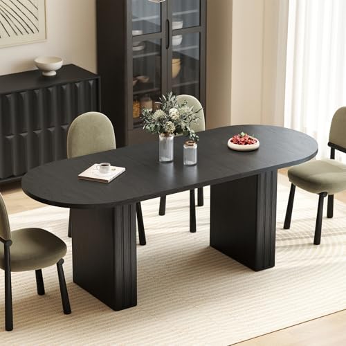 Zevemomo 62.99"-78.74" Oval Expandable Dining Table, Extendable Dining Room Table for 4-8 People with Wooden Strip Base, Modern Kitchen Table with Slide Metal Track, for Family Living Room-Black Zevemomo