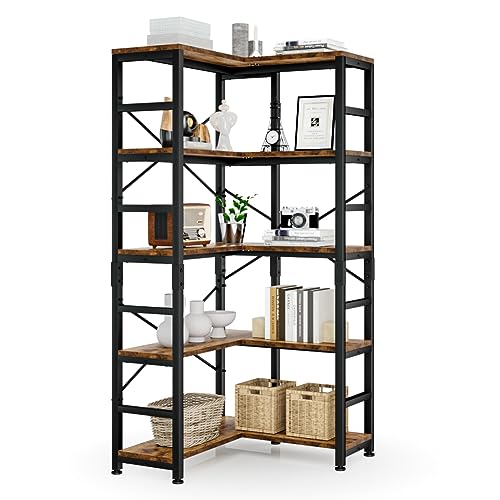 NUMENN Vintage 5 Tier Corner Bookshelf - Modern Open Shelf Bookcase for Living Room, Bedroom, and Home Office - WoodArtSupply