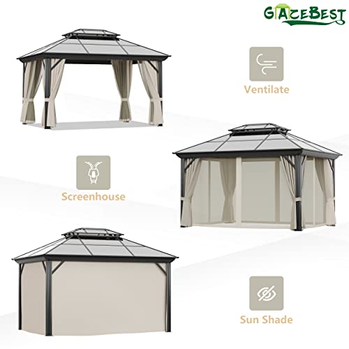 GAZEBEST 10' X 13' Permanent Hardtop Gazebo, Outdoor Polycarbonate Double Roof Pavilion Pergola Canopy with Aluminum Frame and Privacy Curtains for Patio, Garden, Backyard, Lawn GAZEBEST