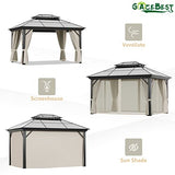 GAZEBEST 10' X 13' Permanent Hardtop Gazebo, Outdoor Polycarbonate Double Roof Pavilion Pergola Canopy with Aluminum Frame and Privacy Curtains for Patio, Garden, Backyard, Lawn GAZEBEST