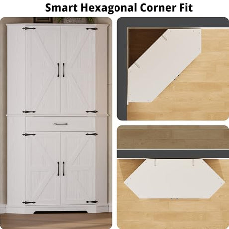IRONCK Corner Cabinet with Drawer, 72" Kitchen Pantry Cabinet, 5-Tier Farmhouse Pantry with 3 Adjustable Shelves, 2 Doors Storage, Spacious Hutch for Kitchen, Living Room, White IRONCK