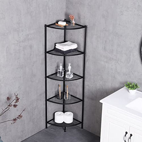 Kimzda 5-Tier Corner Shelf Stand Metal Wire Corner Shelving Display Unit Storage Furniture Multipurpose Space Saving Storage Rack for Living Room, Office, Kitchen, Black KIMZDA