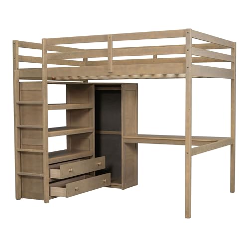 Harper & Bright Designs Full Size Loft Bed with Desk & Wardrobe, Wood Full Loft Bunk Bed with Storage Shelves and Drawers, No Box Spring Needed,Walnut Harper & Bright Designs
