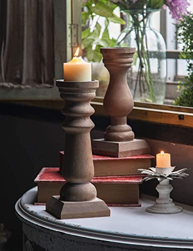 Wood Pillar Candle Holders 14 Inch Tall, Handmade Antique Brown Farmhouse Candle Holders for Pillar Candles, Natural Decorative Candlestick Holders, Rustic Candle Holders for Table Centerpiece SOFE