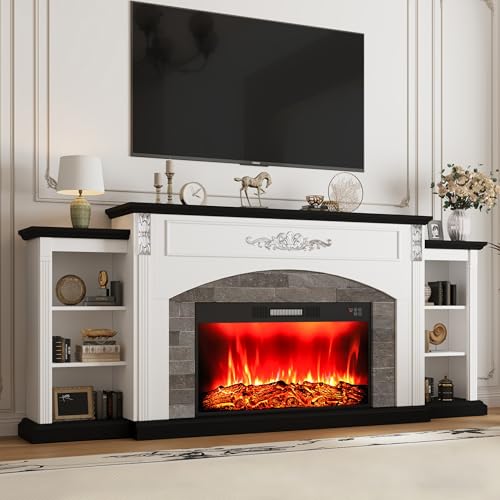 BLANKSPACE 80" Electric Fireplace TV Stand with 30" Heater Insert, Farmhouse Entertainment Center & Mantel Console for TVs Up to 90", White Black Finish with Remote BLANKSPACE