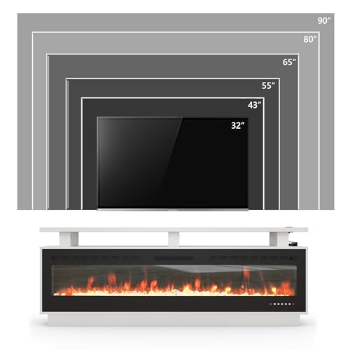 Fireplace TV Stand with 70" Smart Electric Fireplace, Wood Fireplace with Mantel, Modern Fire Place Cabinet with Socket for Living Room Farmhouse Entertainment Center (White, 70 ”) ROCSUMOO