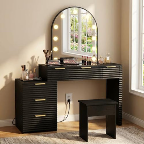 ACAGALA Modern Vanity Desk Chair Set with Mirror Light Fashionable Makeup Table with Glass Top Multi Drawers for Home Bedroom Salon Example: Adidas Blue Sneakers (Black) ACAGALA