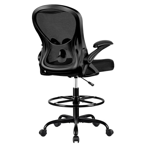 Winrise Drafting Chair, Tall Office Chair Ergonomic Standing Desk Chair, Lumbar Support Computer Chair Swivel Task Rolling Chair with Adjustable Flip-up Armrests & Foot Ring (Black) Winrise