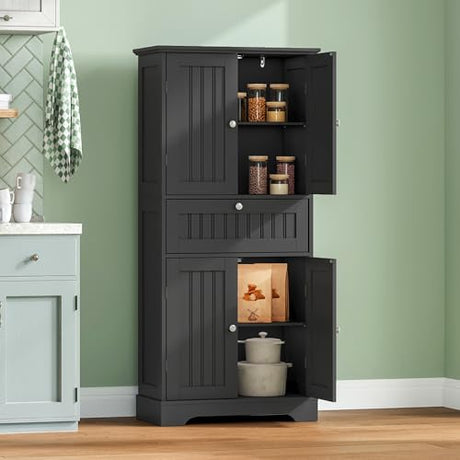 ChooChoo 51" H Tall Bathroom Floor Cabinet, Modern Bathroom Storage Cabinet with Drawer and Adjustable Shelves, Freestanding Kitchen Pantry Cupboard with 4 Doors for Living Room, Black ChooChoo