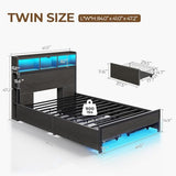 Rolanstar Twin Bed Frame with Storage Headboard & 4 Drawers, Metal Platform Bed with Charging Station, LED Single Bed with Side Shelf, No Box Spring Needed, Easy Assembly, Black Rolanstar