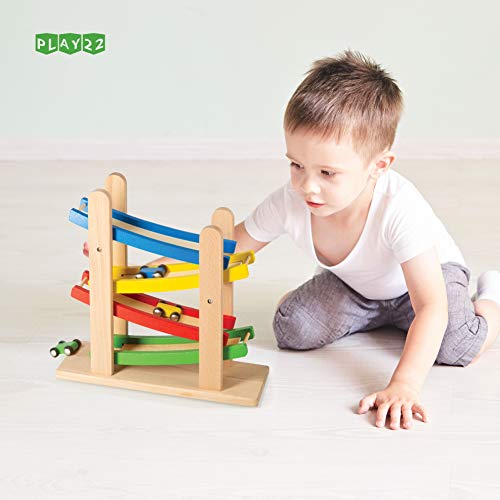 Play22 Wooden Car Ramps Race - 4 Level Toy Car Ramp Race Track Includes 4 Wooden Toy Cars - My First Baby Toys - Toddler Race Car Ramp Toy Set is A Great Gift for Boys and Girls - Original by Play22 Play22