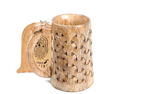 NORSE EMPIRE Premium Wooden Beer Mug 16Oz Chainmail Pattern 100% Handcrafted Beer Stein Wine accessories Viking Gifts Medieval Gift Sack Tankard Christmas Coffee Cups Vikings Mug Food Safe NORSE EMPIRE