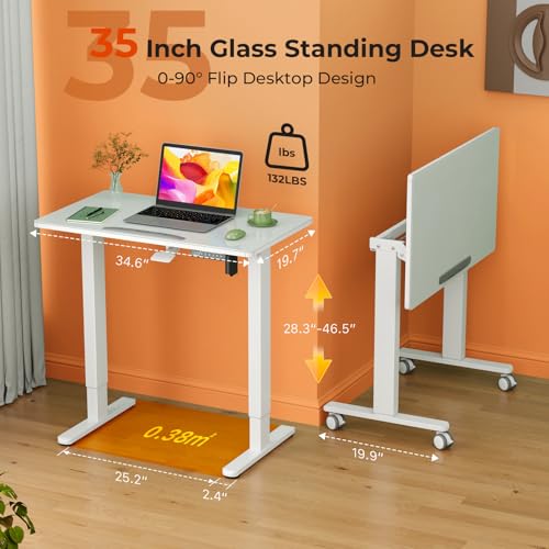 Liftsync 35inch Glass Standing Desk，90° Tiltable Mobile Rising Desk Height Adjustable，Whole Piece Rolling Drafting/DrawingTable with Wheels，Foldable Small Laptop Art Desk，White Liftsync