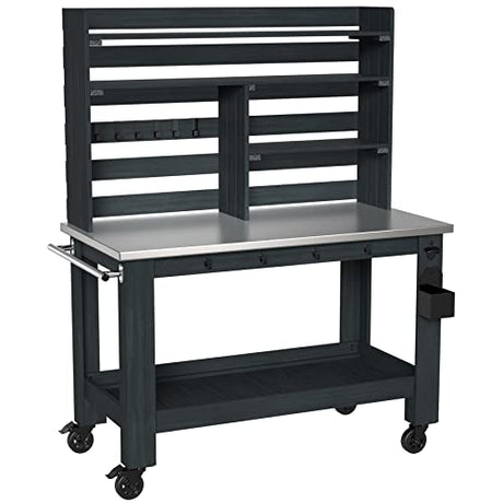 GDLF Potting Bench Table Large Outdoor Kitchen Island Prep Station with Stainless Steel Top Waterproof Cover, Hardwood, 66.9" H GDLF