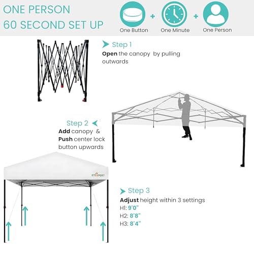BTEXPERT 10x10ft 1-Person Setup Instant Pop Up Canopy Tent, One Touch Portable Commercial Shelter Outdoor Gazebo 1-Button Push Carrying Wheeled Bag for Home Party Deck Beach Wedding Camping Backyard BTEXPERT