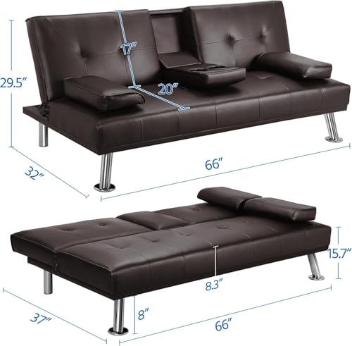 Futon Sofa Bed Modern Folding Couch for Small Space, Faux Leather Convertible Loveseat Sleeper Bed Daybed Recliner Lounge Sofas for Living Room,2 Cup Holders,Metal Legs,Removable Armrests (Brown) Anwick