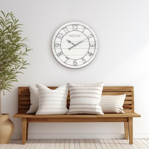 Presentime & Co Classic Farmhouse Shiplap Clock, 19.5 inch, Galvanized Finish Arabic Numerals with White Shiplap Style. Large Farmhouse Decor for Living Room, Entryway, Home Office. Wall Décor Presentime