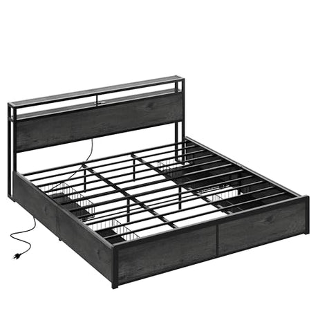 LIKIMIO King Size Bed Frame with 4 Storage Drawers, 2-Tier Storage Headboard with Charging Station, Double Bed Frame King Size for Bedroom, No Box Spring Needed, Easy Assembly, Charcoal Grey LIKIMIO