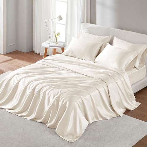 Madison Park Essentials Satin Sheet Set Luxury and Silky with Natural Sheen, Elastic 14" Pocket fits up to 16" Mattress, All Around Elastic - Year-Round Bedding, Full, Ivory, 6 Piece Madison Park
