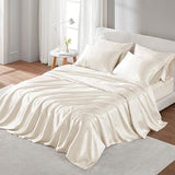 Madison Park Essentials Satin Sheet Set Luxury and Silky with Natural Sheen, Elastic 14" Pocket fits up to 16" Mattress, All Around Elastic - Year-Round Bedding, Full, Ivory, 6 Piece Madison Park