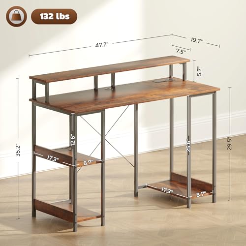 HOMCOM 47" Gaming Desk with Power Outlets and LED Lights, Reversible Computer Desk with Monitor Stand and 2-Tier Storage Shelves, Cable Management, for Home Office, Rustic Brown HOMCOM