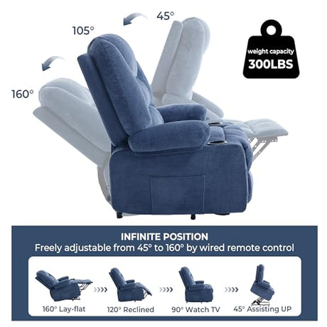 KCQ Overstuffed Electric Recliner Chairs for Adults with Cup Holder and USB Port, Fabric Power Lift Recliner Chair with Heat and Massage for Elderly Seniors, Blue KCQ