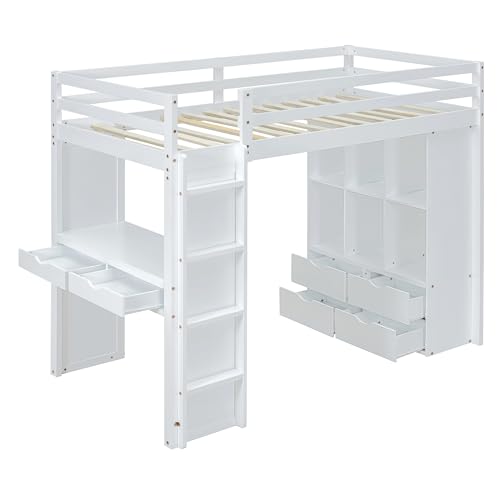 Merax White Full Size Loft Bed with Shelves, Desk, and LED Light Merax