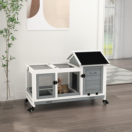 PawHut Indoor Outdoor Wooden Rabbit Hutch with Wheels, Large Bunny Hutch with Run & Slide-Out Tray for Small Animals, Guinea Pig, Gray - WoodArtSupply