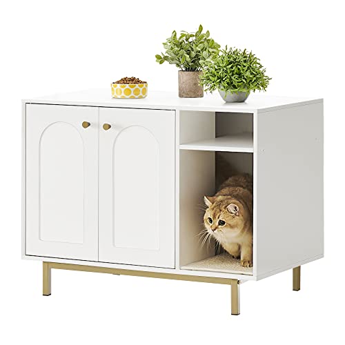 Hzuaneri Cat Litter Box Enclosure, Hidden Litter Box Furniture, Wooden Pet House Side End Table, Storage Cabinet Bench for Living Room, Bedroom, 31.5 x 19.7 x 23.9 inches, White and Gold 01503GCLB Hzuaneri