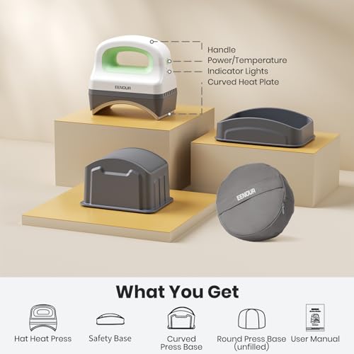EENOUR Hat Press Machine, Mini Heat Press for Caps with 3 Heating Levels & Auto-Off, Handheld Cap Easy Press with 3"×5.5" Arched Heating Plate for 6-8 Hat Size, 19-26 Girth EENOUR