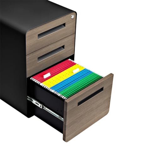 Laura Davidson Furniture Stockpile 3 Drawer File Cabinet with Lock - Under Office Desk Metal Filing Cabinet, Legal/Letter File Folders, Wheels and Stationary Feet, Pre-Assembled, Black/Wood Laura Davidson Furniture