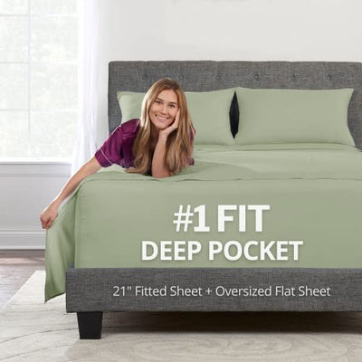 Deep Pocket Queen Sheet Sets – 21” Inch Extra Deep Pocket Queen Sheet Sets – 4 Piece Bedding Sheets & Pillowcases with Oversize Flat Sheet – 18”–23” Pillow Top Sheets for Queen Size Bed – Green Laurel