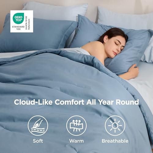 Bedsure Queen Comforter Set - 7 Pieces Grayish Blue Queen Bedding Set for All Seasons, Boho Contrasting Design Bed in a Bag with Comforter, Sheets, Pillowcases & Shams Bedsure